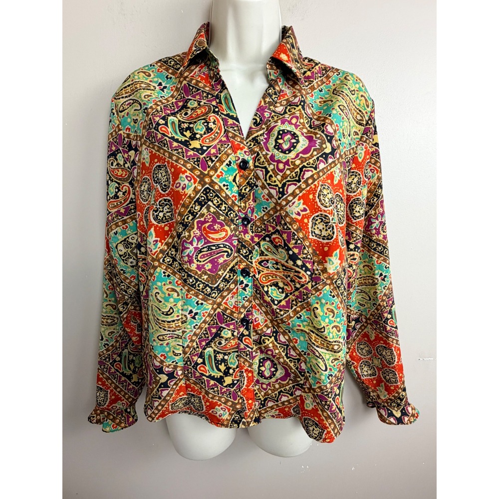San Andre Womens Paisley‎ Patchwork Button Down Blouse Multi Color Size 10